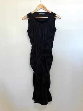 Issey Miyake Faux Suede Ruched Bubble Style Black Midi Dress Size 2